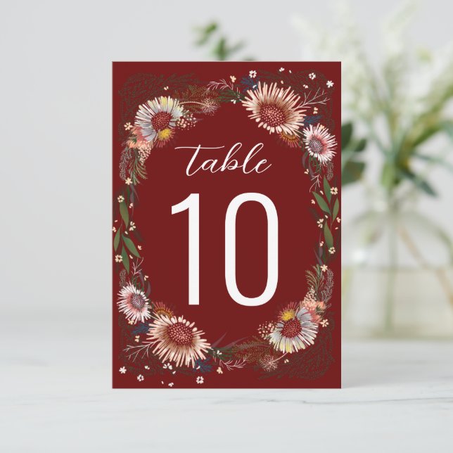 Sketched Flowers Boho Mörk Red Maroon Bordsnummer (Stående Fram)
