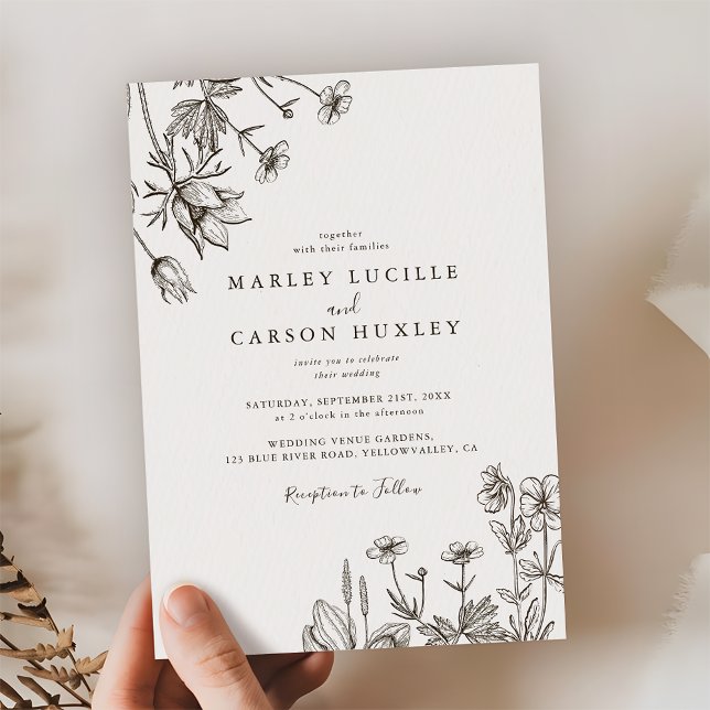 Sketched Hand Drawn Wildflower Wedding Inbjudningar (Skapare uppladdad)
