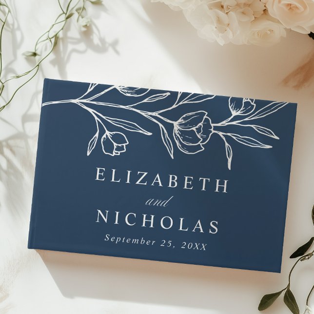 Sketched Navy Blommigt Photo Bröllop Gästböcker (Skapare uppladdad)