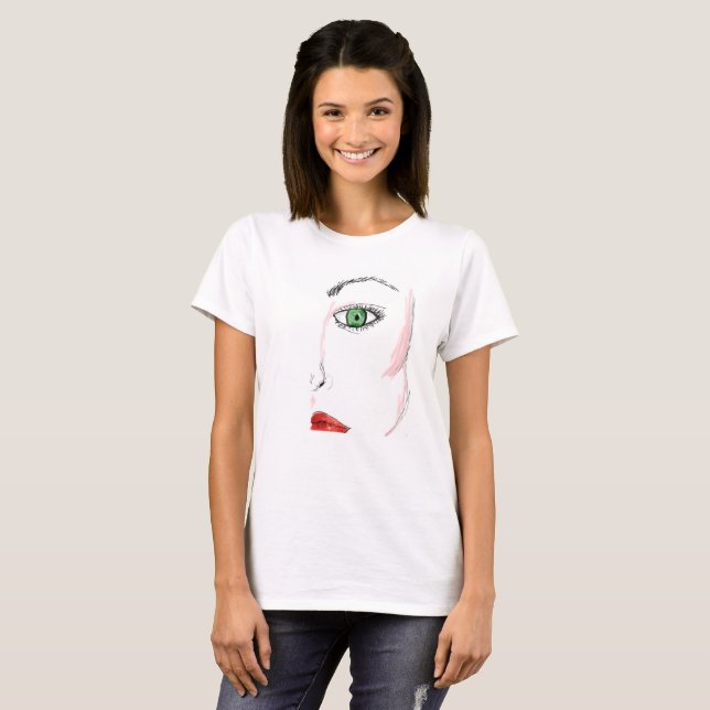 SKETCHED WOMAN GRÖNT ÖGON RED LÄPPAR SHIRT T-SHIRT (Hel framsida)