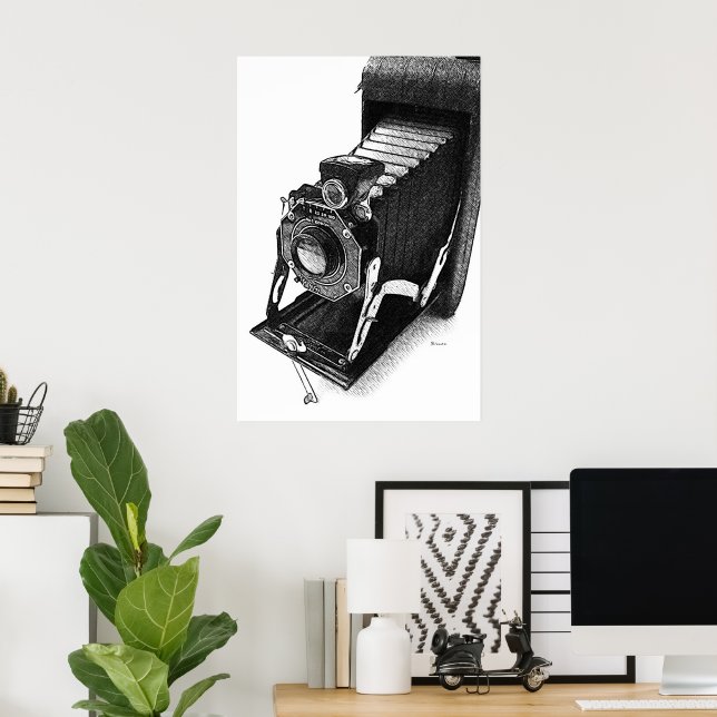 Sketcherad vintagekamera konsttryck poster (Hemmakontoret)