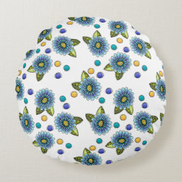 Sketchy Blåa blommor Rund Kudde