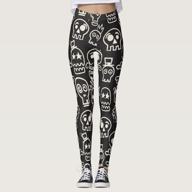 Sketchy Black Skull Sömlös Tapet Leggings (Framsida)