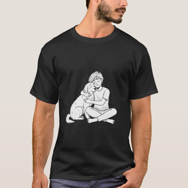Sketchy Doodle Person Hugging Dog T Shirt (Framsida)