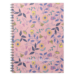 Sketchy Flowers Hearts Birds Vines Rosa Anteckningsbok