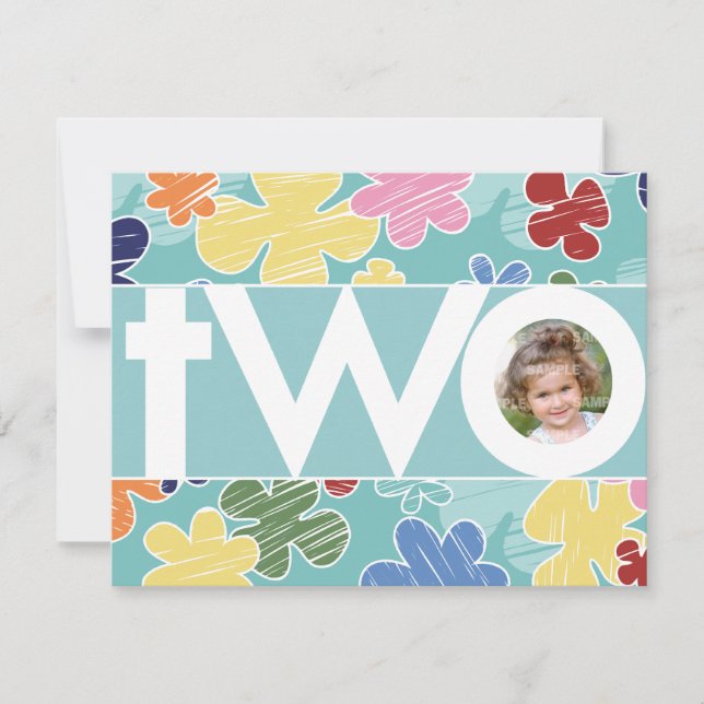 Sketchy Flowers Teal Second-Födelsedagsfest Inbjudningar (Framsida)