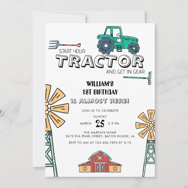 Sketchy Grönt Tractor Farm Kvarn 1:a födelsedag Inbjudningar (Framsida)