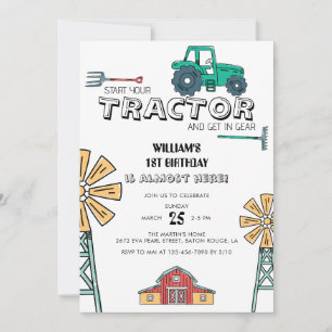 Sketchy Grönt Tractor Farm Kvarn 1:a födelsedag Inbjudningar