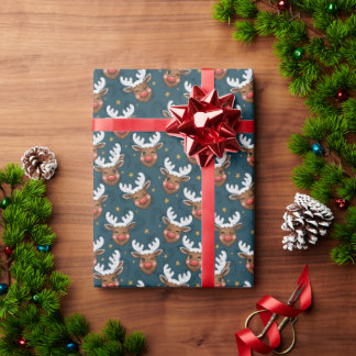 Sketchy Winking Reindeer Face Teal Pattern Presentpapper