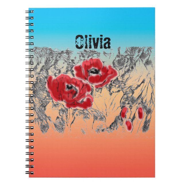 Sketerad grått svartvit blompoppies blommigt gra anteckningsbok (Framsidan)