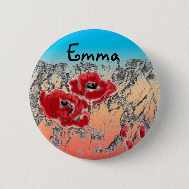 Sketerad grått svartvit blompoppies blommigt gra knapp (Framsida)