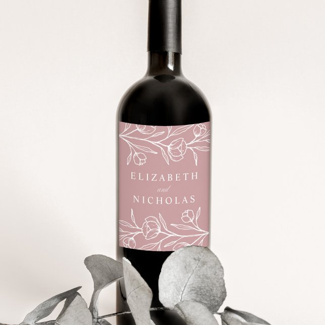 Sketsad Blommigt Dusty Ro Bröllop Vinflaska Etikett (Skapare uppladdad)