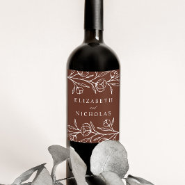 Sketterad Blommigt Brown Bröllop Vinflaska Etikett