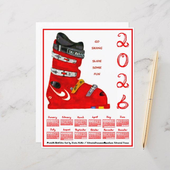 Ski Boot Go Skiing Slide Some Fun 2026 Calendar (Fram/Back In Situ)
