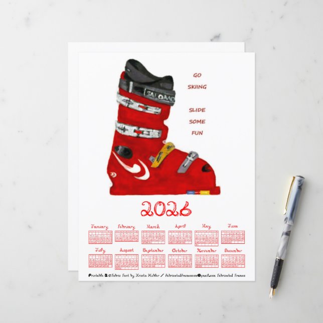 Ski Boot Go Skiing Slide Some Fun 2026 Calendar (Fram/Back In Situ)