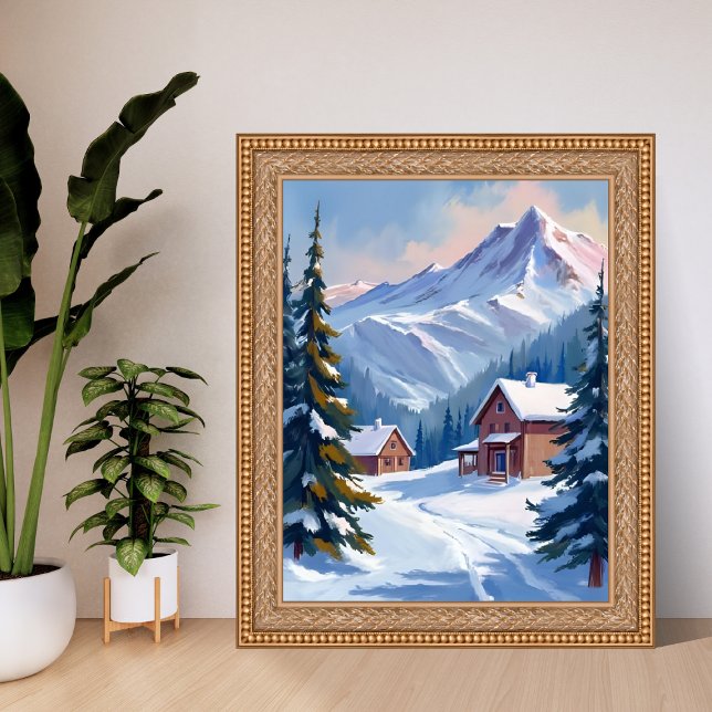 Ski Cabin Mountain Landscape Watercolor Winter Poster (Skapare uppladdad)