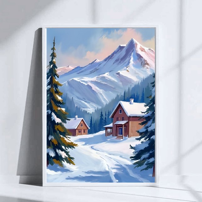 Ski Cabin Mountain Landscape Watercolor Winter Poster (Skapare uppladdad)