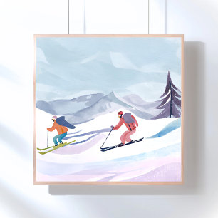 Ski-dag   Vinterberg i akvarell Poster
