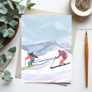 Ski-dag Vinterfärg i akvarell på berg Julkort