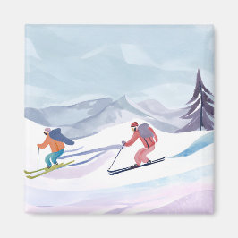 Ski-dagen | Vattenfärgsvinterberg Magnet