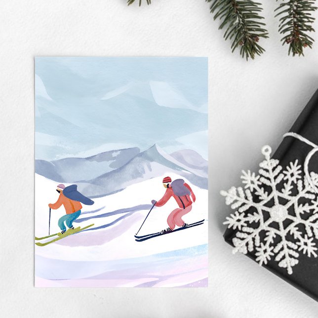 Ski-dagen | Vattenfärgsvinterberg Vykort (Skapare uppladdad)