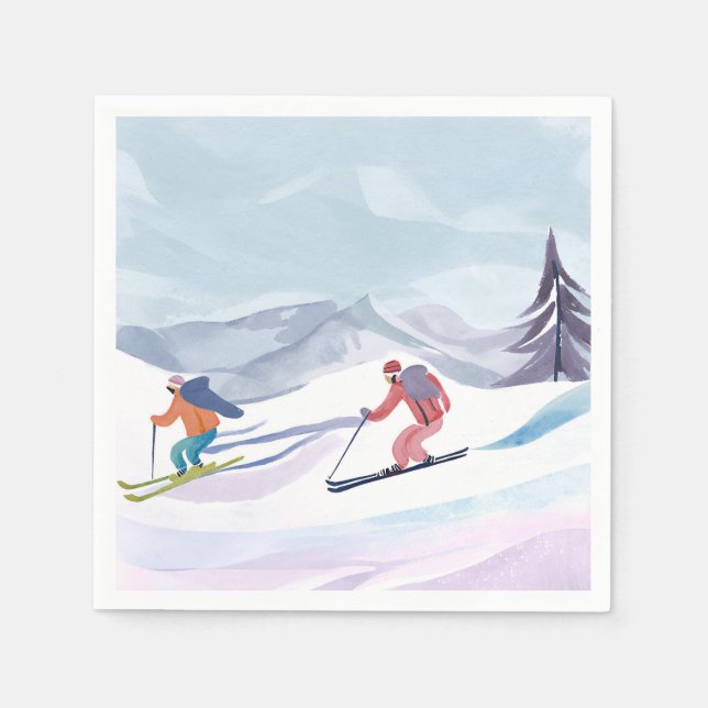 Ski-dagen | Vinterfärg i akvarell på berg Pappersservett (Framsidan)
