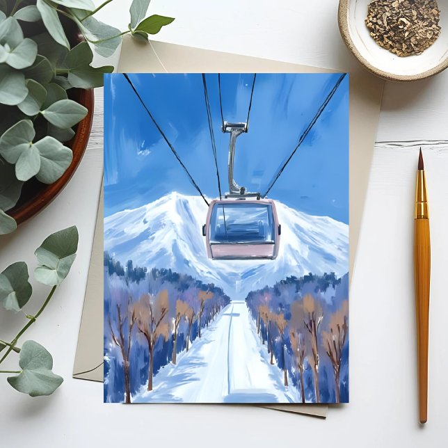 Ski Gondola Snow Mountain Watercolor Vykort (Skapare uppladdad)