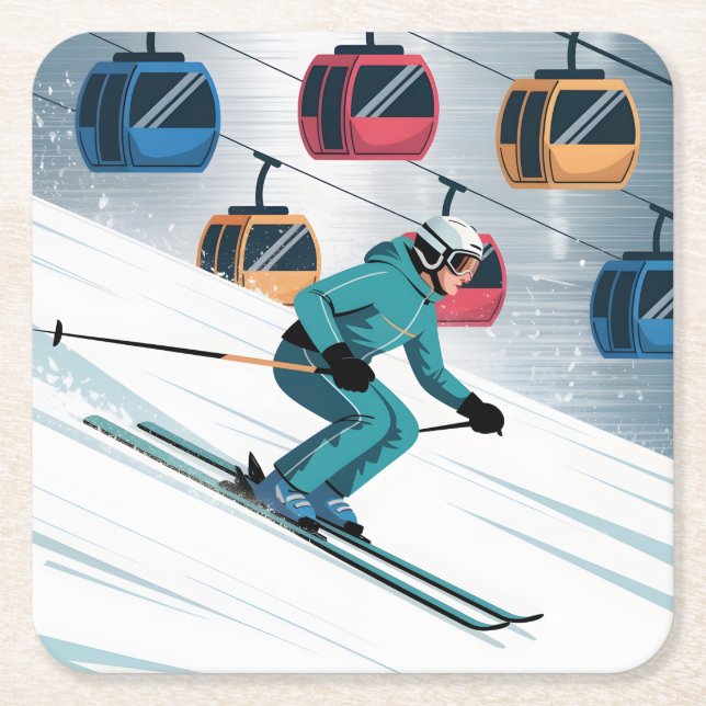 Ski Hiss Skier Underlägg uppsättning Papper Kvadrat (Framsidan)