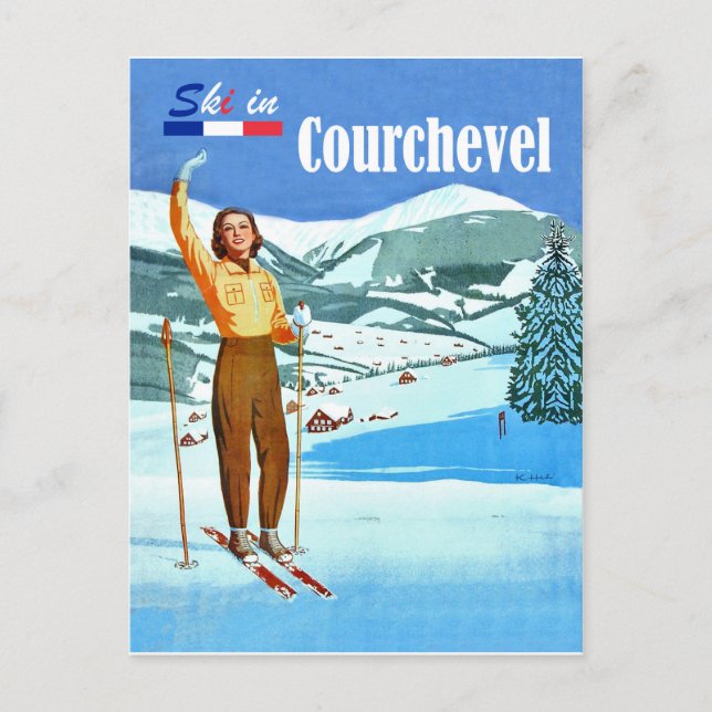 Ski in Courchevel, skidkvinna, Frankrike Vykort (Framsida)