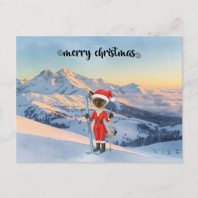 Ski-jul för Cat Jultomten Siamese Cat fläkt Helg Vykort (Framsida)