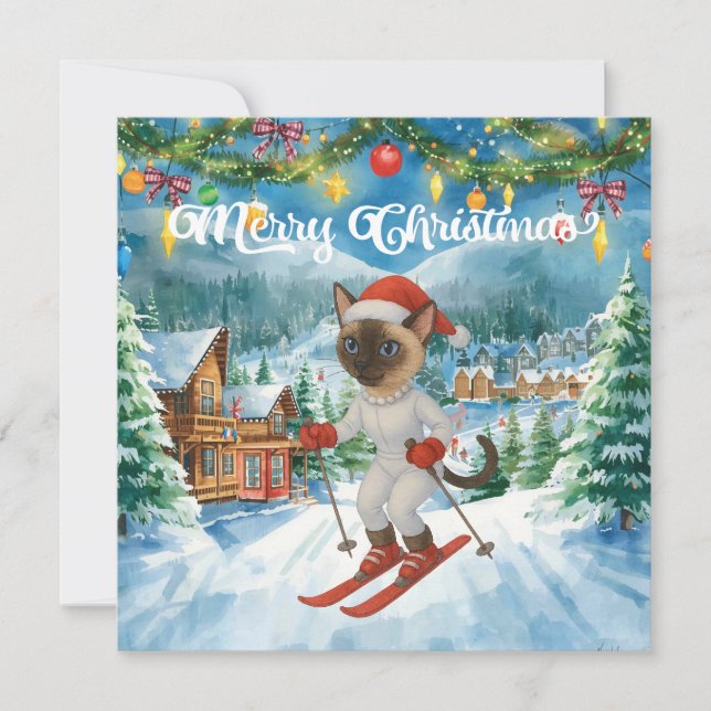 Ski-jul för Cat Jultomten Siamese Cat fläkt Julkort (Framsida)