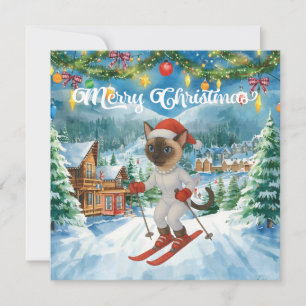 Ski-jul för Cat Jultomten Siamese Cat fläkt Julkort