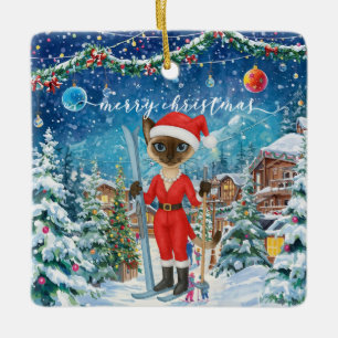 Ski-jul för Santa Siamese Cat Lovers Snowy Julgransprydnad Keramik