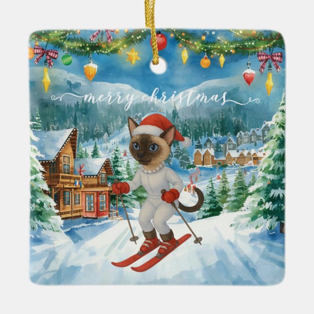 Ski-jul för Santa Siamese Cat Lovers Snowy Julgransprydnad Keramik (Framsida)