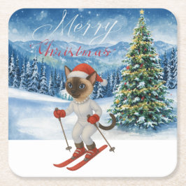 Ski-jul för Santa Siamese Cat Lovers Snowy Underlägg Papper Kvadrat
