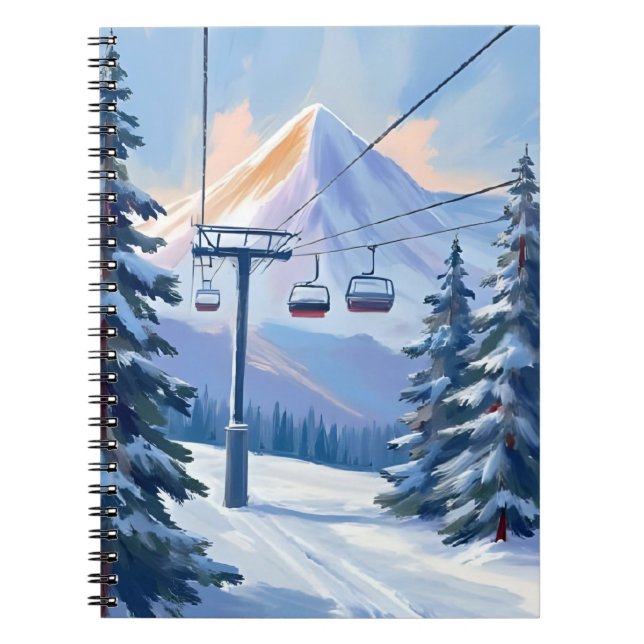 Ski Lift | Mountain Winter Watercolor Skiing Anteckningsbok (Framsidan)