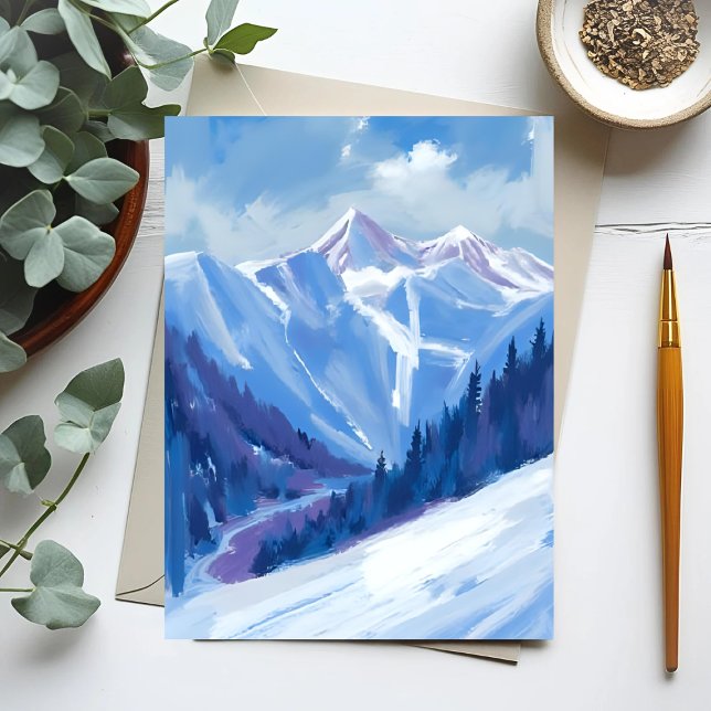 Ski Mountain | Blue Watercolor Mountain Range Vykort (Skapare uppladdad)