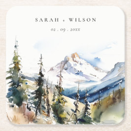 Ski Mountain Telluride Colorado Watercolor Bröllop Underlägg Papper Kvadrat