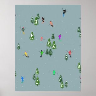 Ski Öppnar jul Skiing Helgdag Skiers Blue Poster