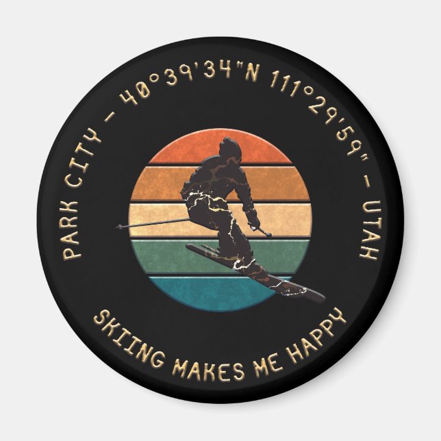 Ski Park City, Utah - Man Skier Golden Text Magnet (Framsidan)