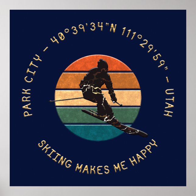 Ski Park City, Utah - Man Skier Golden Text Poster (Framsidan)