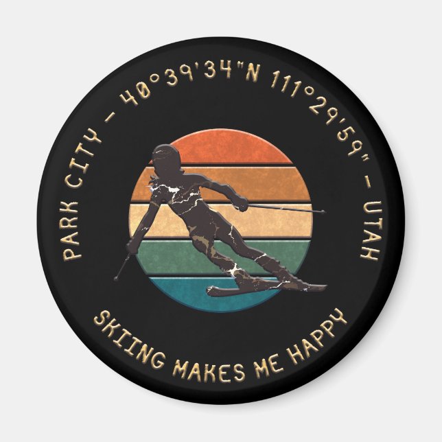 Ski Park City, Utah - Woman Skier, Golden Text Magnet (Framsidan)