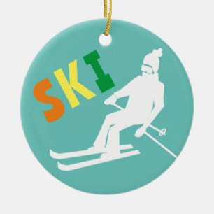 Ski Retro Skier Winter Teal White Julgransprydnad Keramik