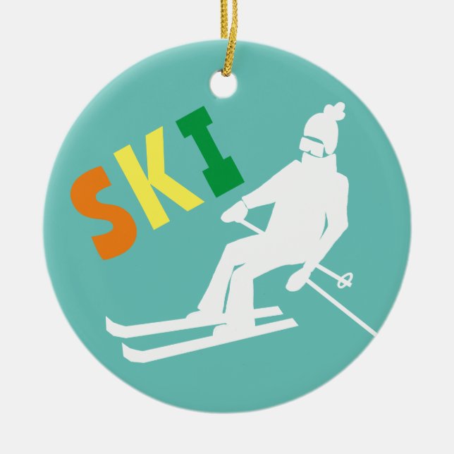 Ski Retro Skier Winter Teal White Julgransprydnad Keramik (Framsidan)
