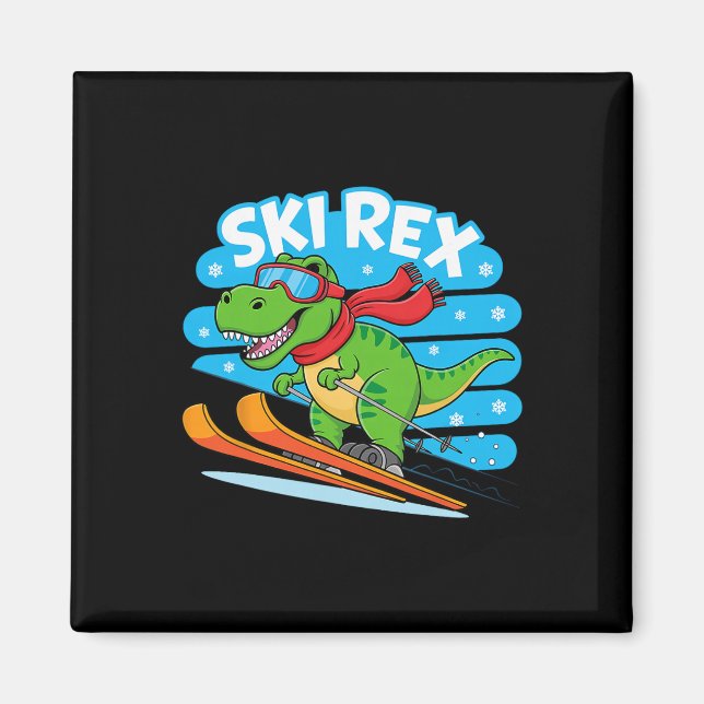 Ski Rex Rolig Skidåkning Dinosaurie Vintersportdes Magnet (Framsidan)