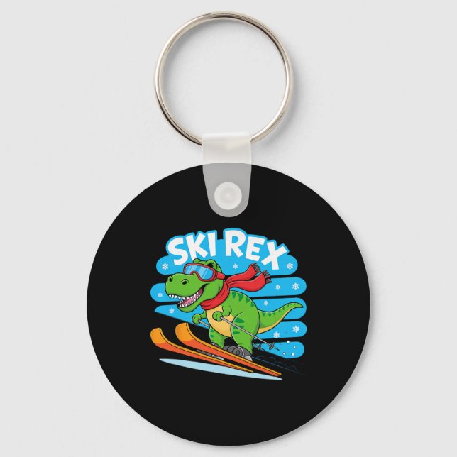 Ski Rex Rolig Skidåkning Dinosaurie Vintersportdes Nyckelring (Framsida)