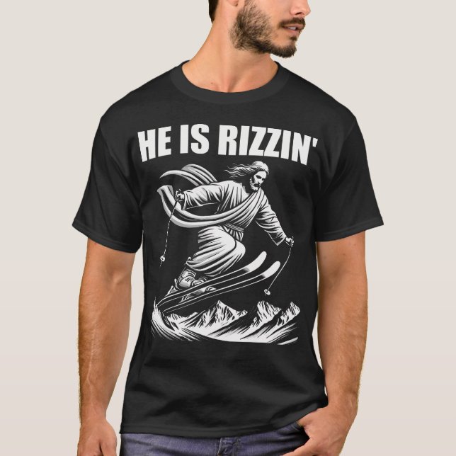 Ski Skidåkning Jesus Kristus Skidor Rizzin' Snö T Shirt (Framsida)
