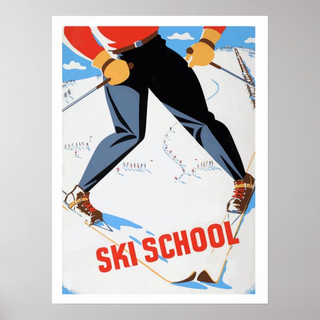 Ski-skolan, skidmannen, vintage resor poster (Framsidan)