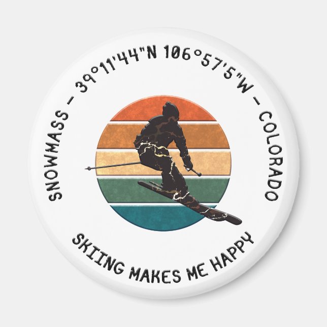 Ski Snowmass, Colorado - Man Skier, Black Text Magnet (Framsidan)