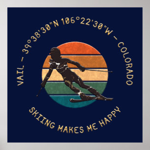 Ski Vail, Colorado - Woman Skier, Golden Text Poster